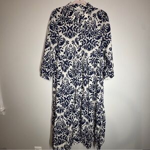 Zara Navy White Damask Print A-Line Long Sleeve Midi Shirt Dress Size XL